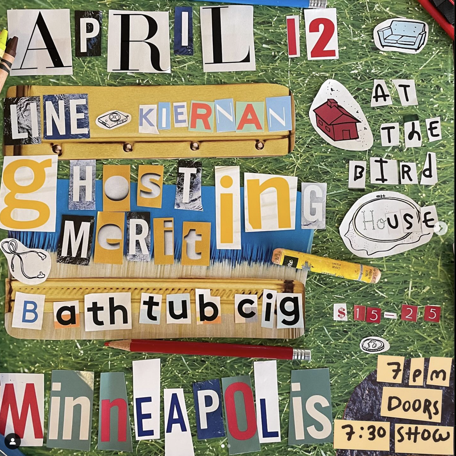 Show poster for the April 12 LINE show in Minneapolis. Other bands listed are Kiernan, Ghosting Merit, and Bathtub Cig. 7pm doors, 7:30 show at a venue called the Birdhouse.
