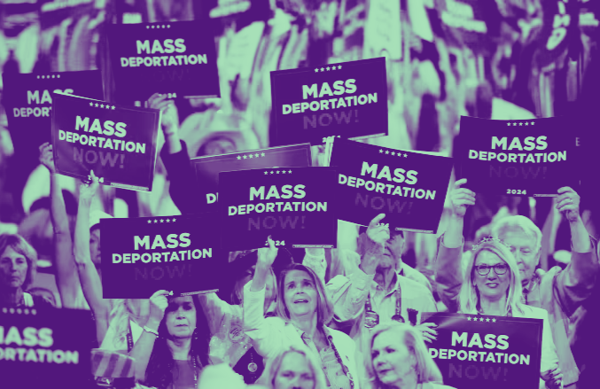 A sea of white women and men hold up signs that say "Mass Deportation Now!" at the Republican National Convention. The photo has been colorized to have an eerie green tint.