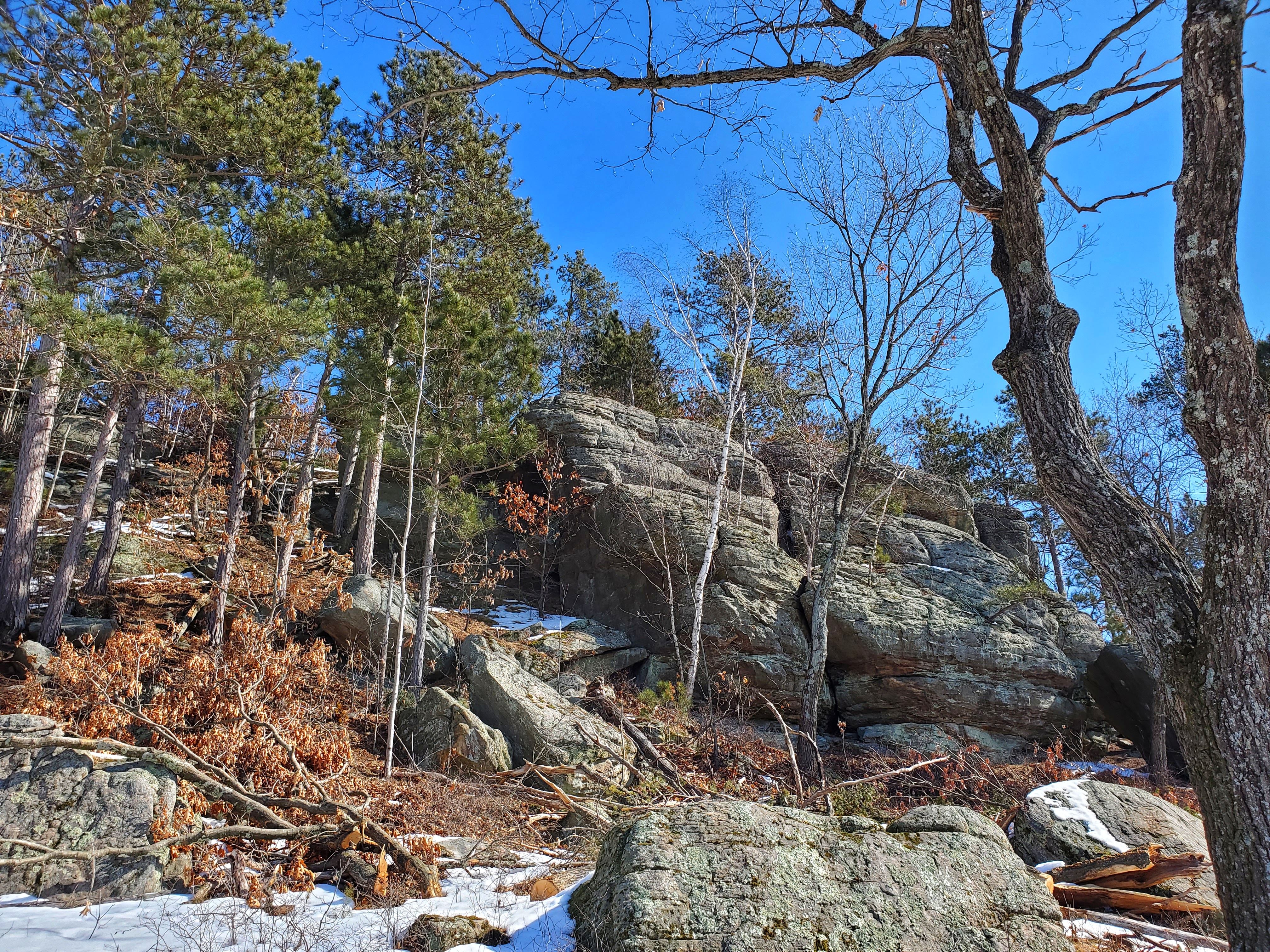 Blue skies frame a shot looking up a rocky bluff dotted with tall pines and aspens, some melting snow dotting the slope.