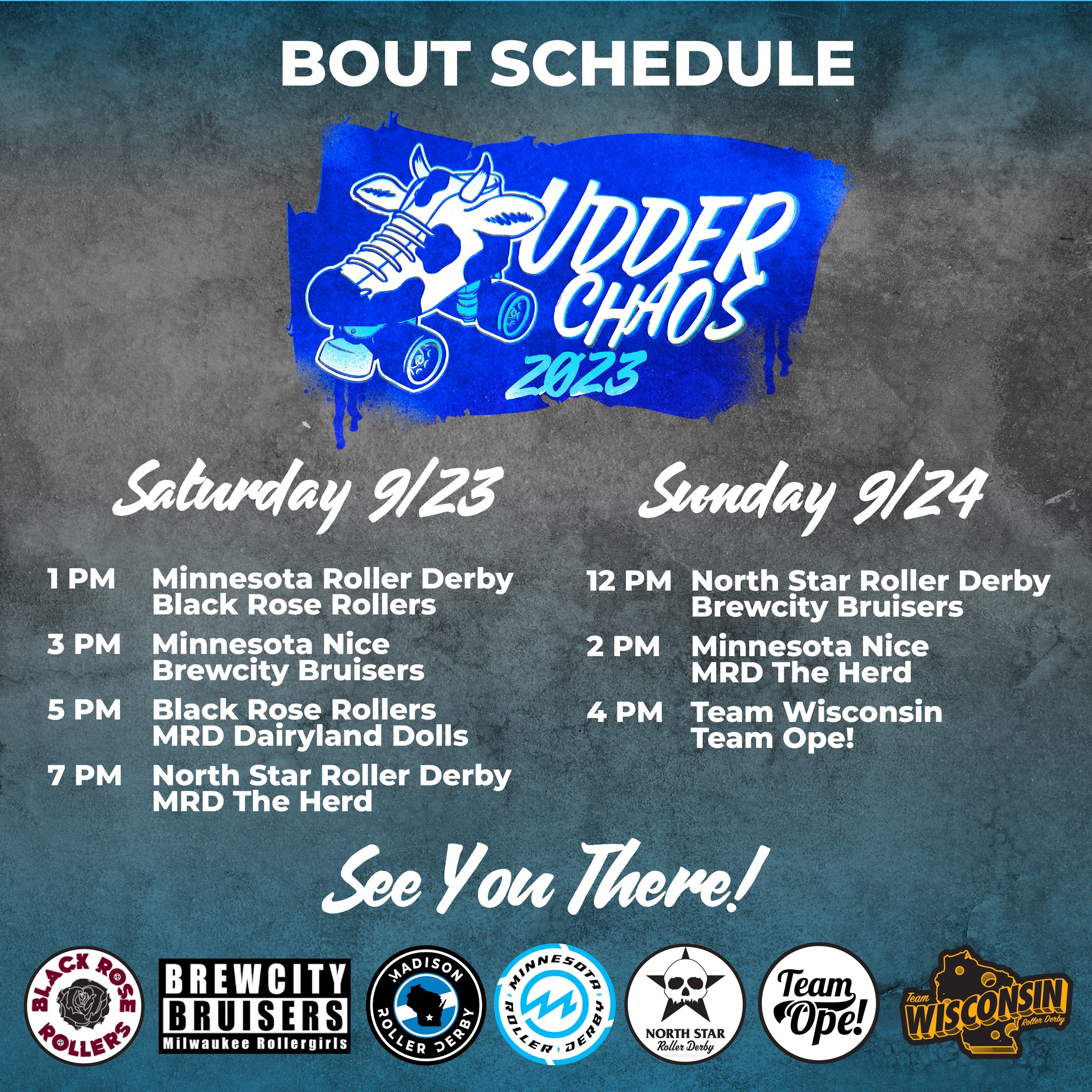 Graphic shows the full schedule of games for the Udder Chaos tournament. Go to the Facebook event linked above for the text info.