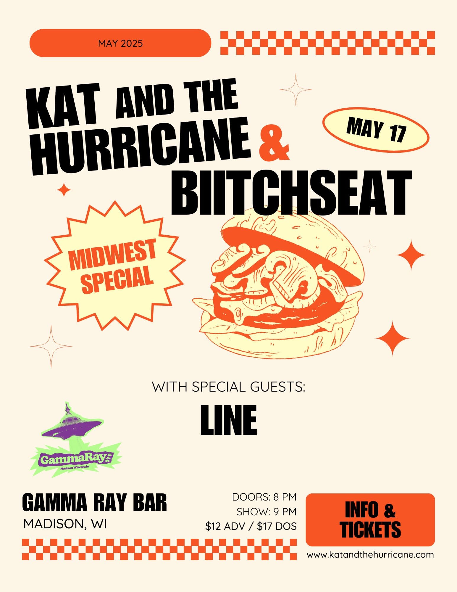 Show poster for the QT Club show featuring LINE, Kat and the Hurricane, and Biitchseat.