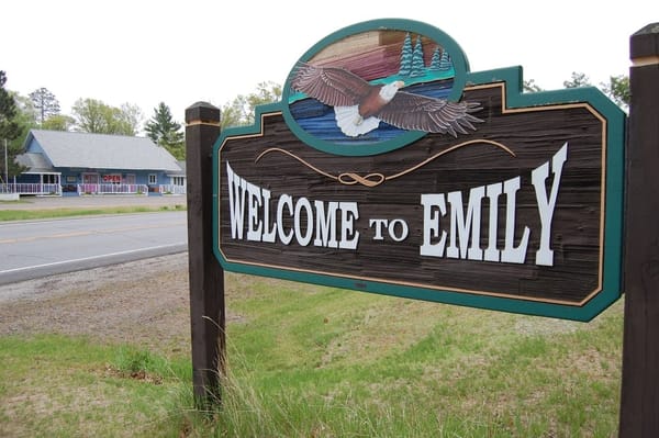A wooden sign reads “Welcome to Emily” in large white font, with the painted image of an eagle soaring above it.