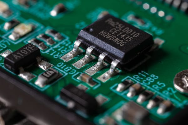 Close-up photo shows a black microchip on a green circuit board.