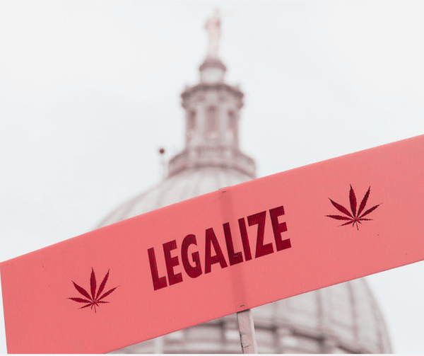 A sign that reads "LEGALIZE" and has illustrations of pot leaves on either side is hoisted in the air in front of the Wisconsin State Capitol building dome.